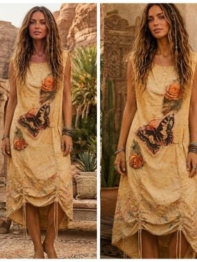 Boho High-Low Sleeveless Dress with Butterfly & Rose Applique